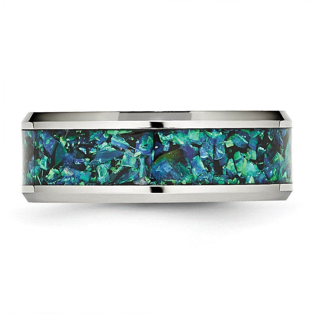 Stainless Steel Polished with Blue Imitation Opal Inlay 8mm Band Size - 7