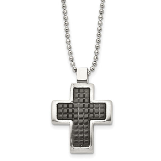 Stainless Steel Brushed Polished & Textured Black IP-plated Cross Necklace