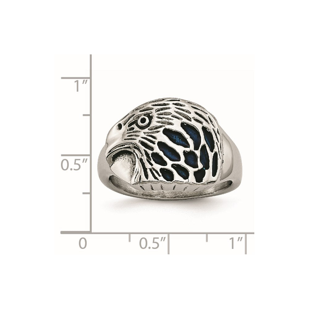 Stainless Steel Polished and Textured Blue Enamel Eagle Ring Size - 10