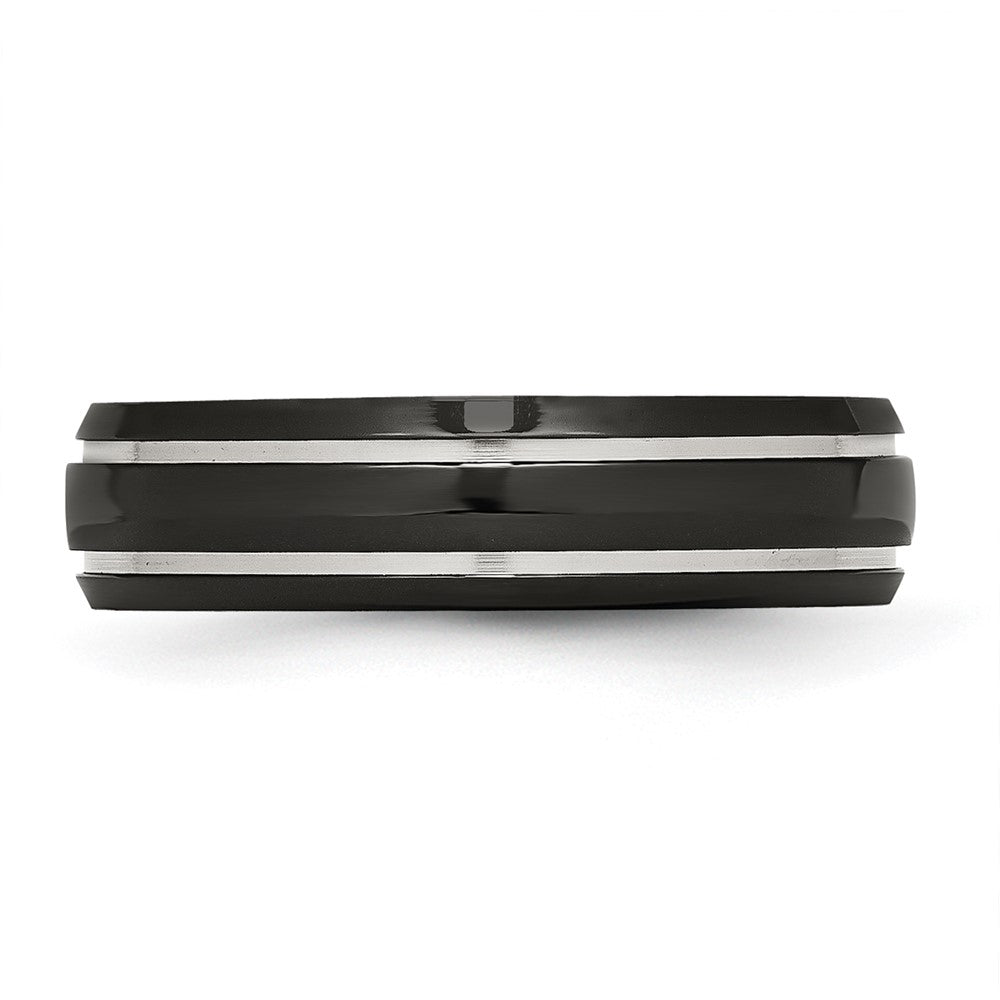Stainless Steel Polished Black IP-plated 6mm Grooved Band Size - 13