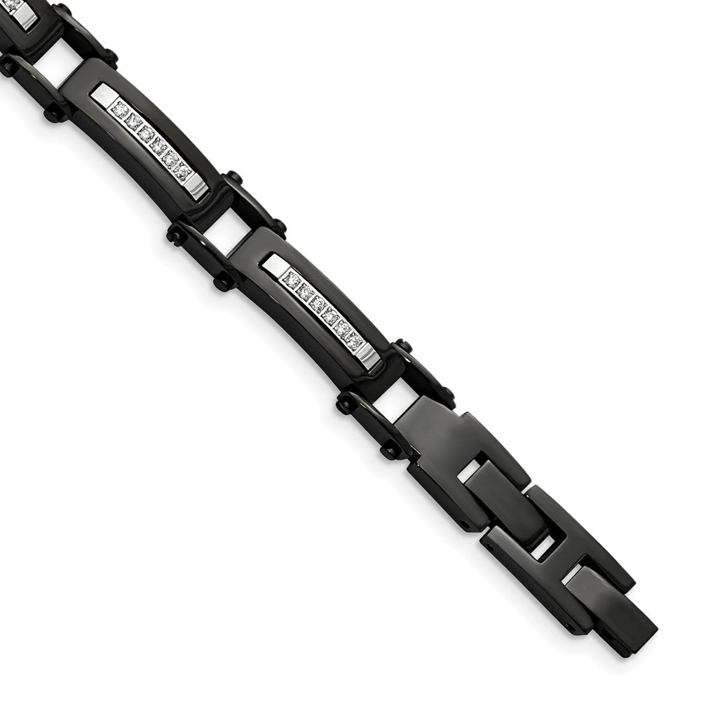 Stainless Steel Polished Black IP-plated with CZ 8.25in w/.5in ext. Bracele 8.25 inches