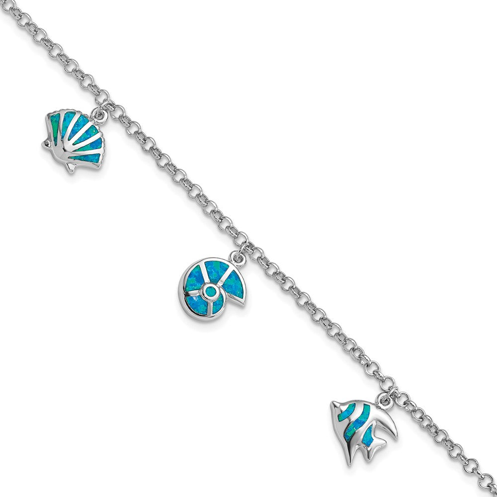 Sterling Silver Rhodium Created Opal Fish and Shells Charm 7.25 inch Bracelet 7.25 inches