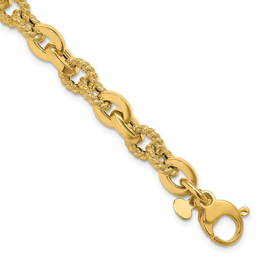 14K Polished and Textured Fancy Link Bracelet 7.5  inches