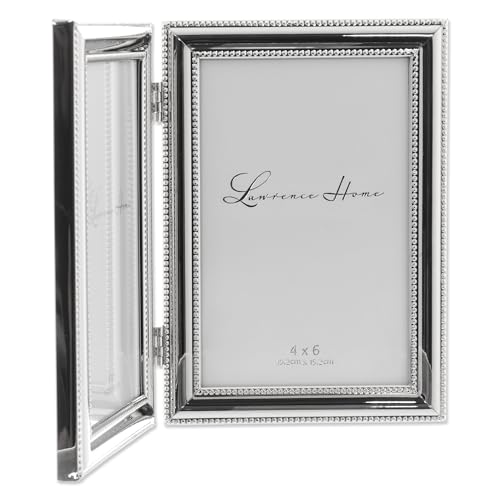 Lawrence Frames 4x6 Hinged Double (Vertical) Metal Picture Frame Silver-Plate with Delicate Beading