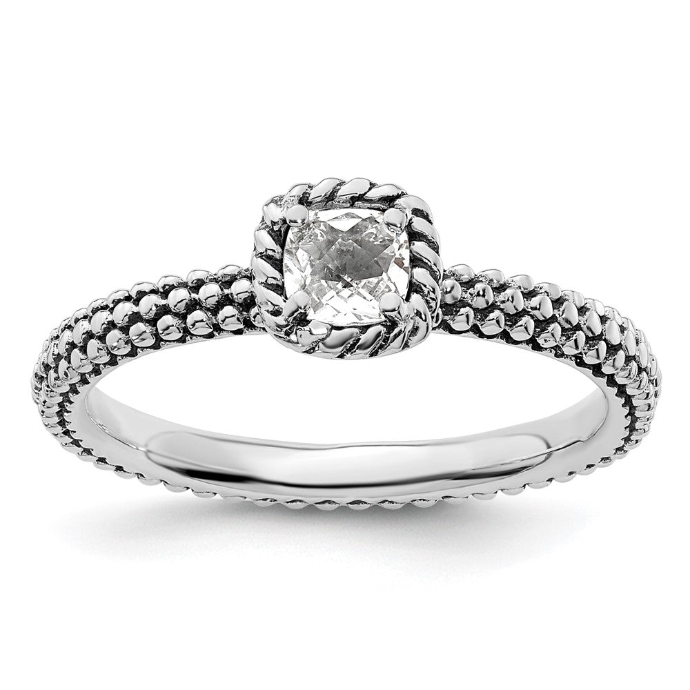 Sterling Silver Stackable Expressions Checker-cut White Topaz Antiqued Ring Size -6