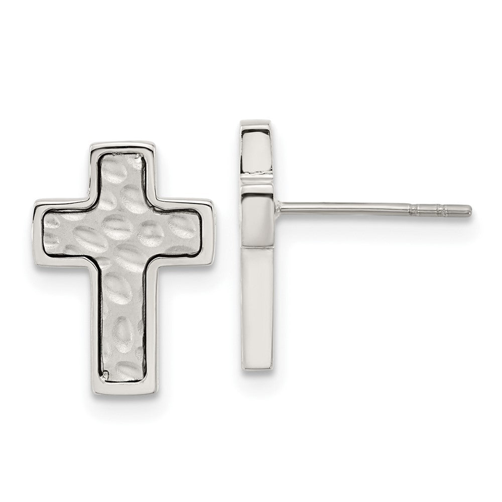 Stainless Steel Brushed and Polished Textured Cross Earrings