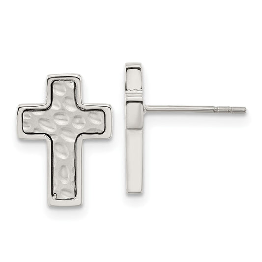 Stainless Steel Brushed and Polished Textured Cross Earrings