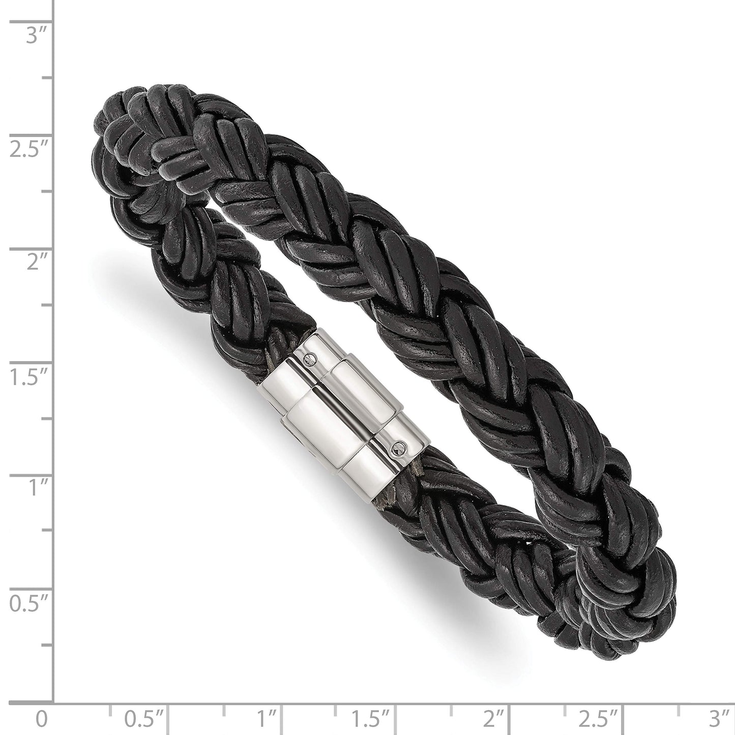 Stainless Steel Polished Black 8.5in Leather Bracelet 8.5 inches