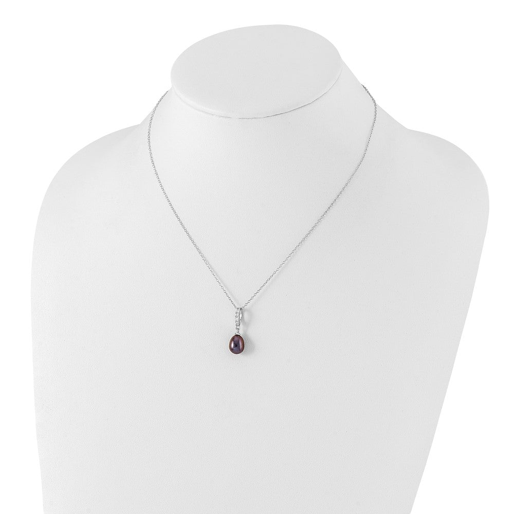 Sterling Silver Rhodium-plated 8-9mm Black Teardrop Freshwater Cultured Pearl and CZ 17 inch Necklace 17 Inches