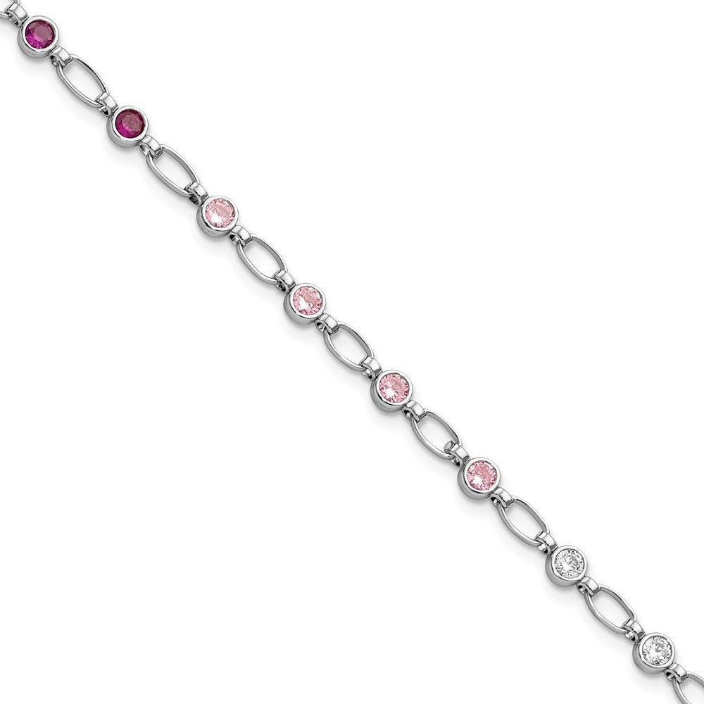Sterling Silver Rhodium-plated Polished Red Pink Clear CZ Bracelet 7.25 inches