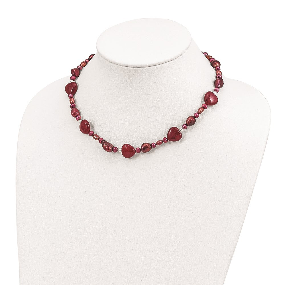 Sterling Silver Red Jade Hearts/FW Cultured Pearl Necklace 17 Inches