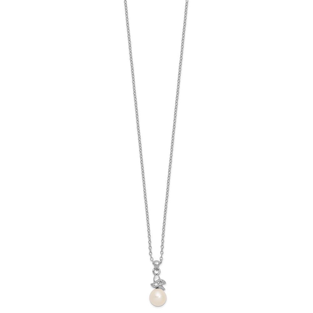Sterling Silver Rhodium-plated 6-7mm White Button Freshwater Cultured Pearl and CZ 17 inch Necklace 17 Inches