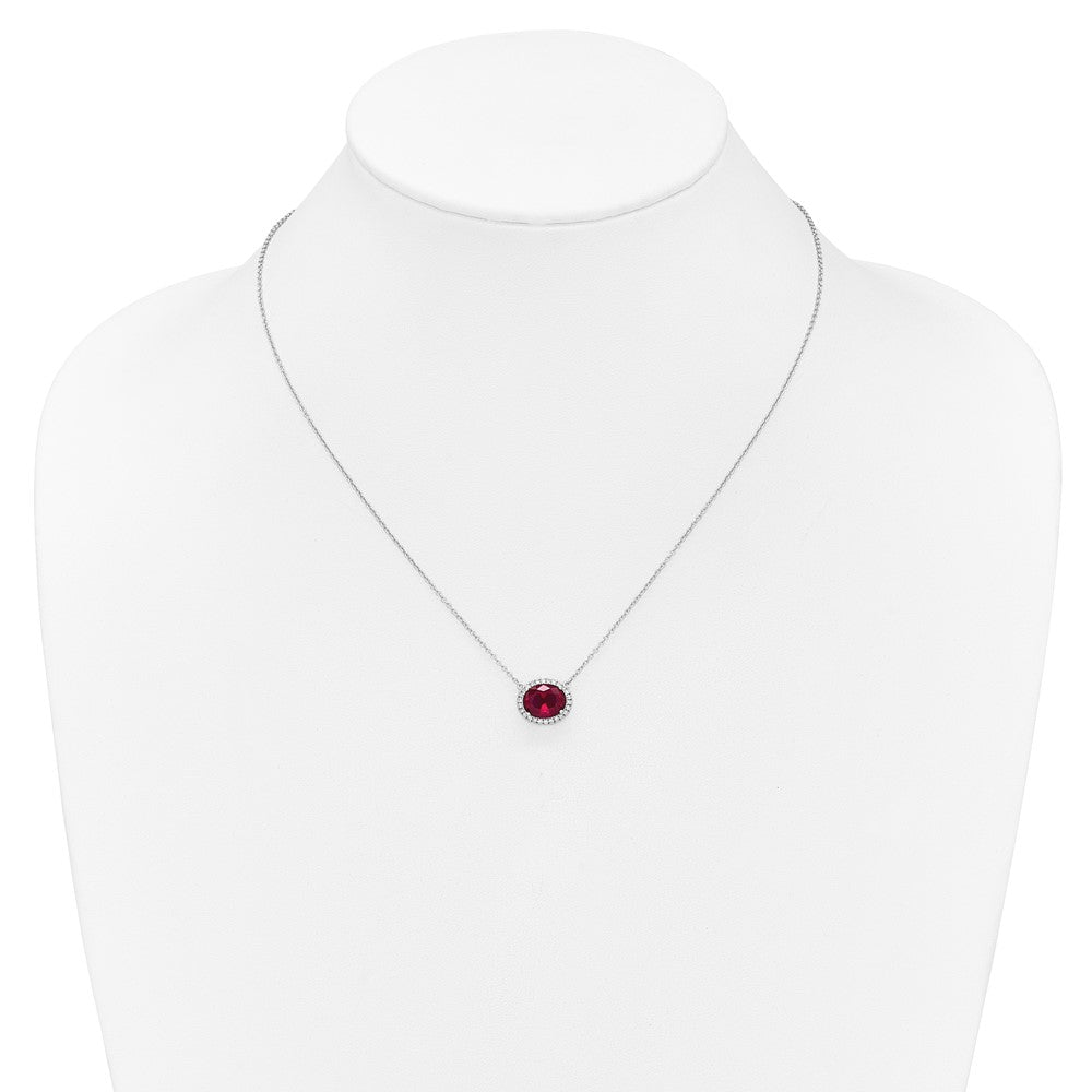 14k White Gold Oval Created Ruby/Diamond 18in. Halo Necklace