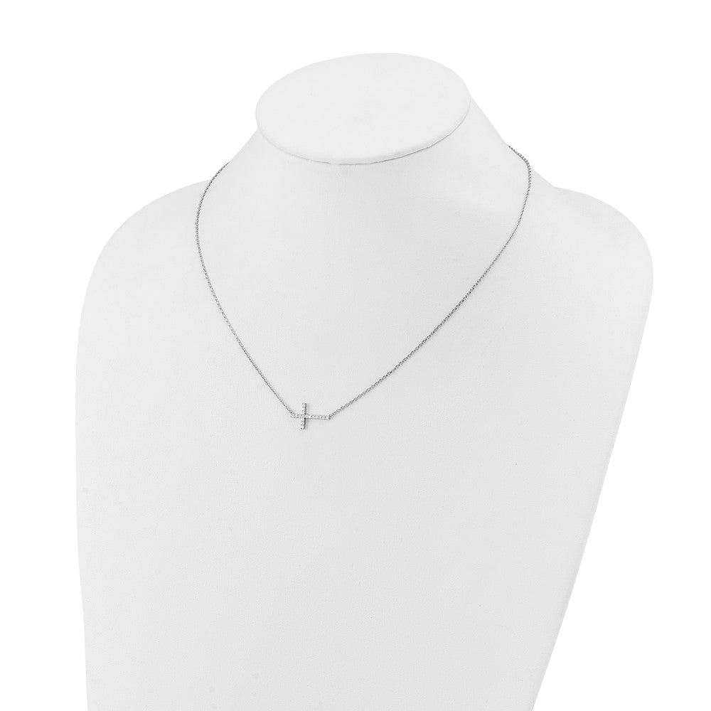 Sterling Shimmer Sterling Silver Rhodium-plated 1.3mm CZ 17 Stone Sideway Cross 16 inch with 2 inch Extension Necklace 16 Inches