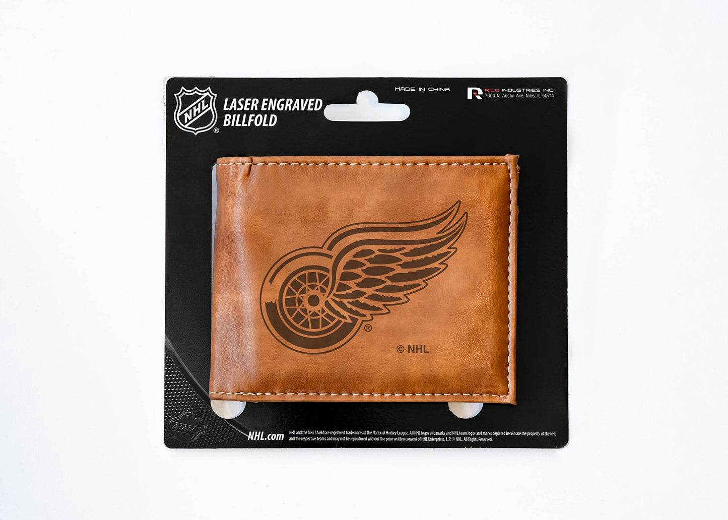 Detroit NHL Red Wings Laser Engraved Brown Billfold Wallet