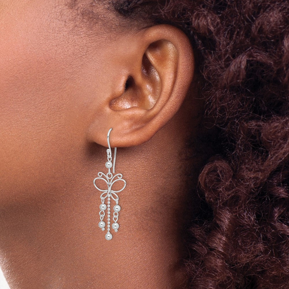 Sterling Silver Rhodium-plated Beaded Butterfly Dangle Earrings