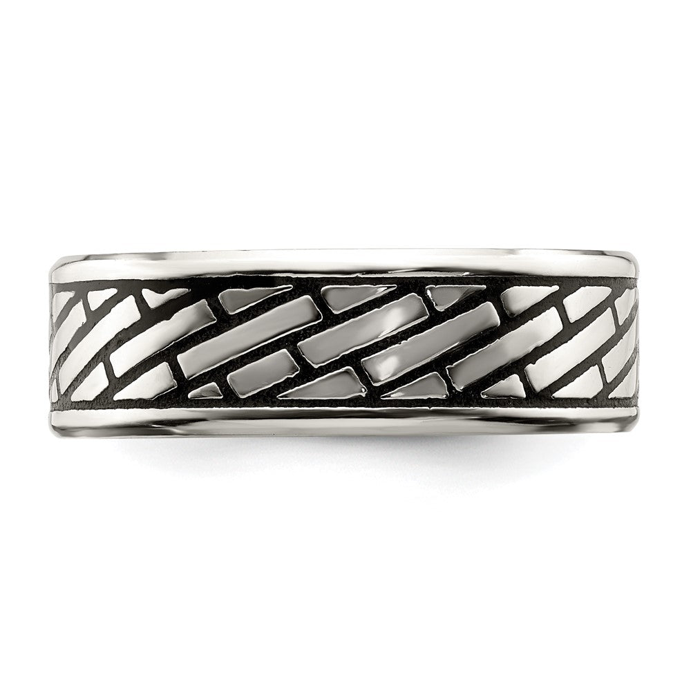 Stainless Steel Antiqued and Polished Brick Pattern 7.5mm Band Size - 12.5