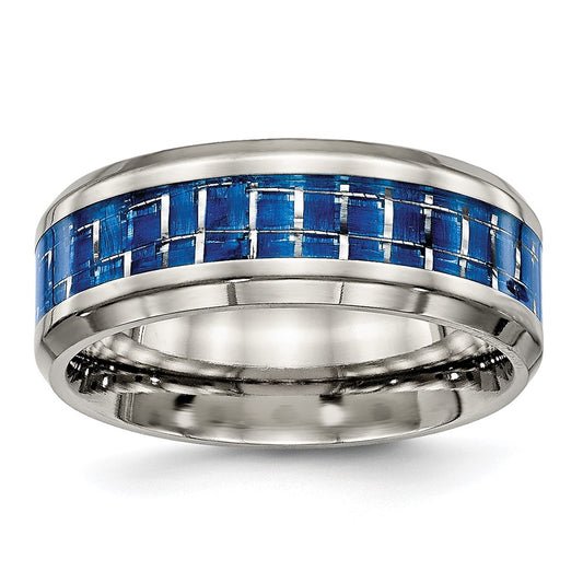 Titanium Polished with Blue/White Carbon Fiber Inlay 8mm Ring Size - 9.5