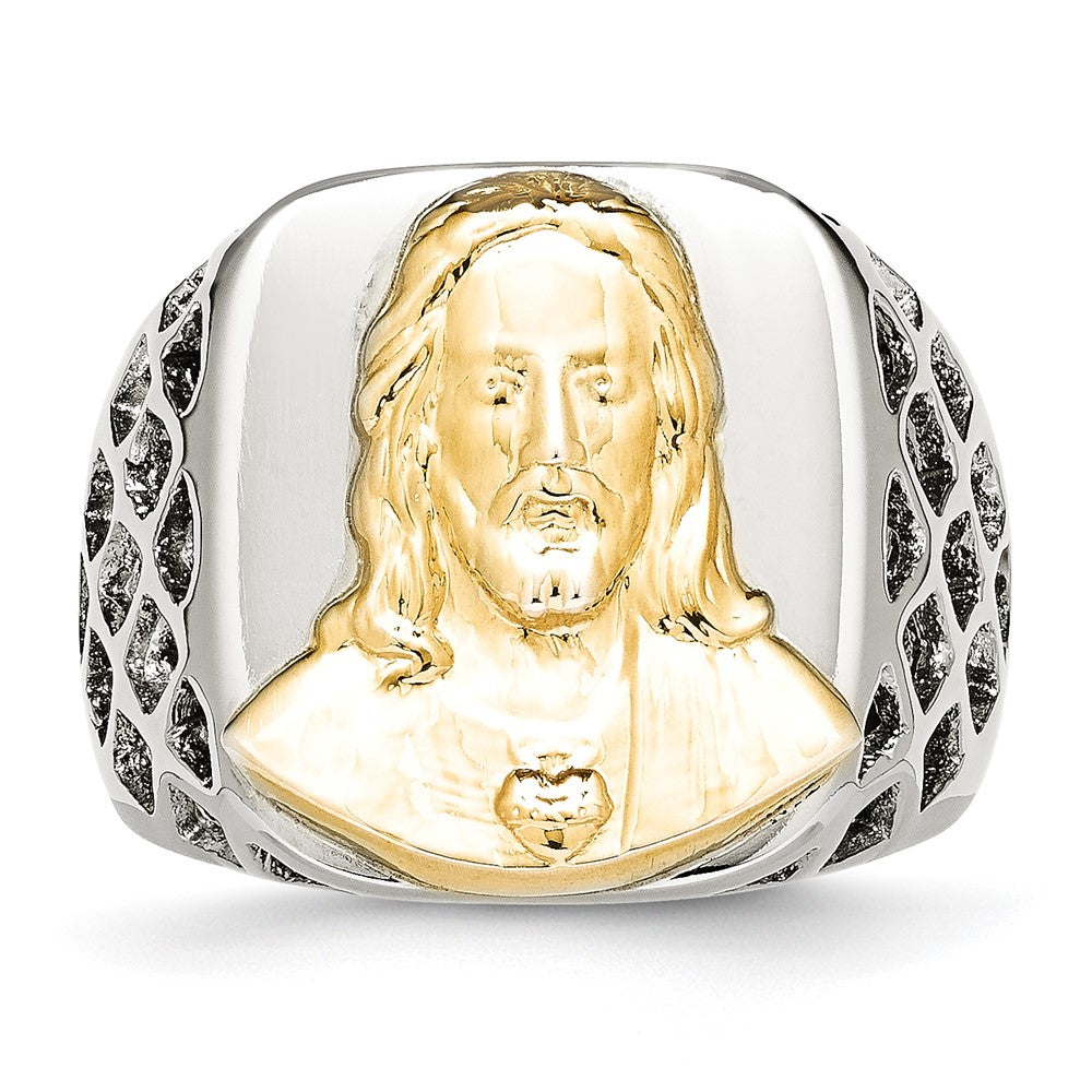 Stainless Steel with Sterling Silver Jesus Yellow IP-plated Polished Ring Size - 11