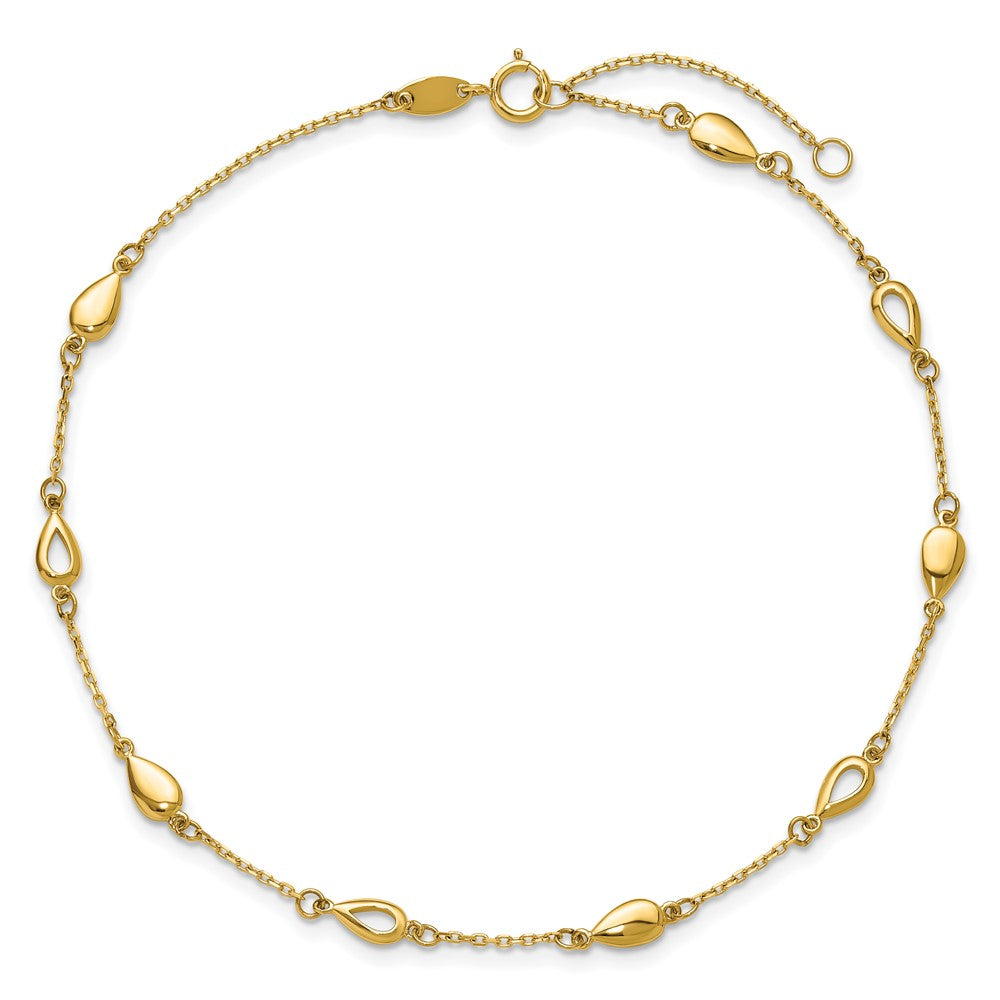 14K Polished Teardrop Station 9in Plus 1in ext. Anklet
