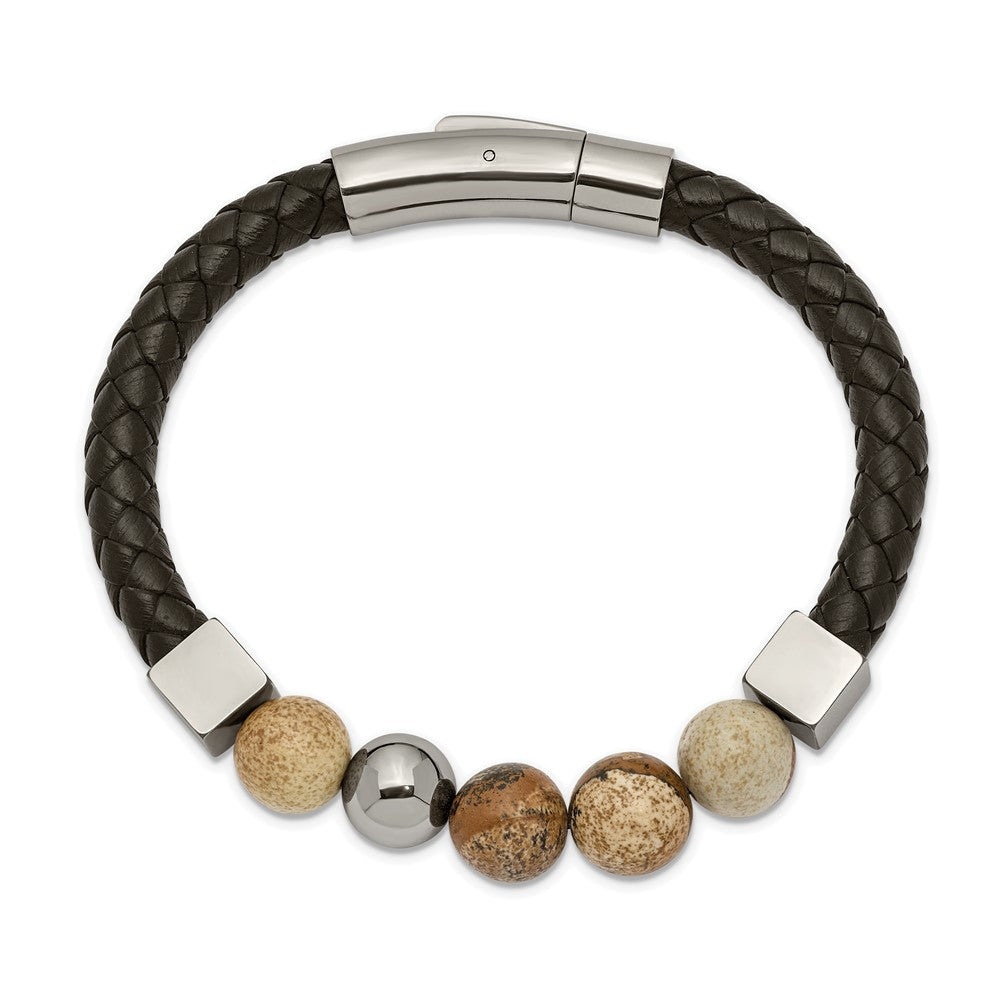Stainless Steel Polished w/Brown Jasper Black Leather 8in Bracelet 8 inches
