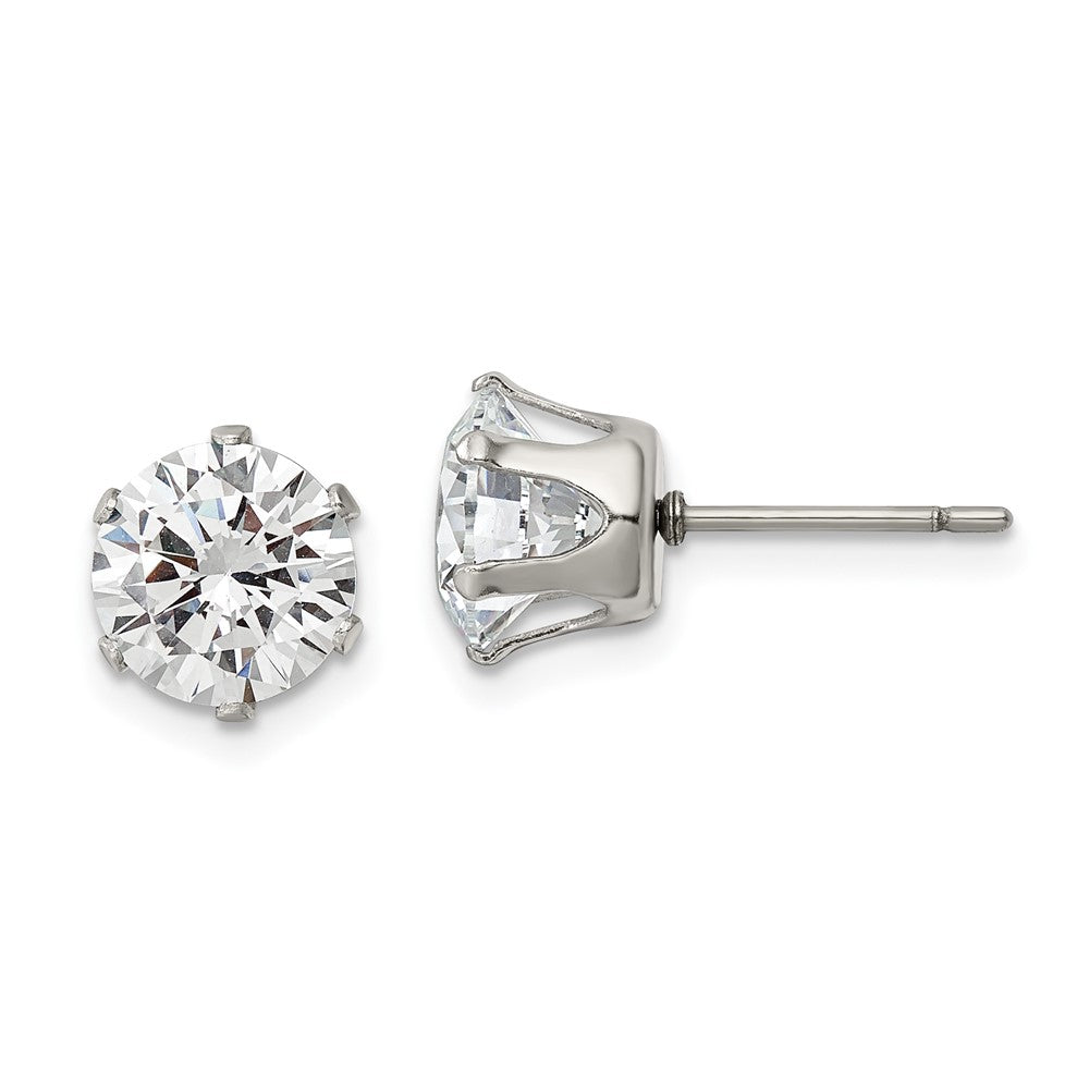 Stainless Steel Polished 8mm Round CZ Stud Post Earrings