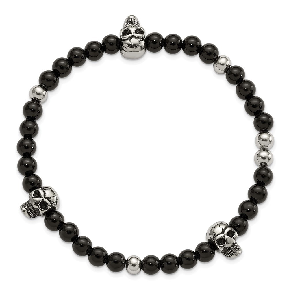 Stainless Steel Antiqued & Polished Black Agate w/Skulls Stretch Bracelet 8.25 inches
