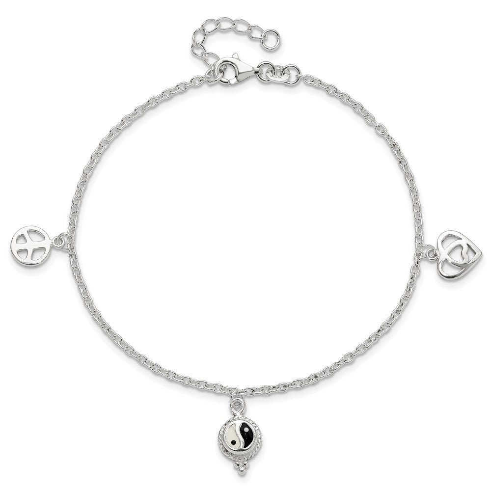 Sterling Silver Polished Hearts and Peace Sign 8in Plus 1in Ext Anklet 9 inches