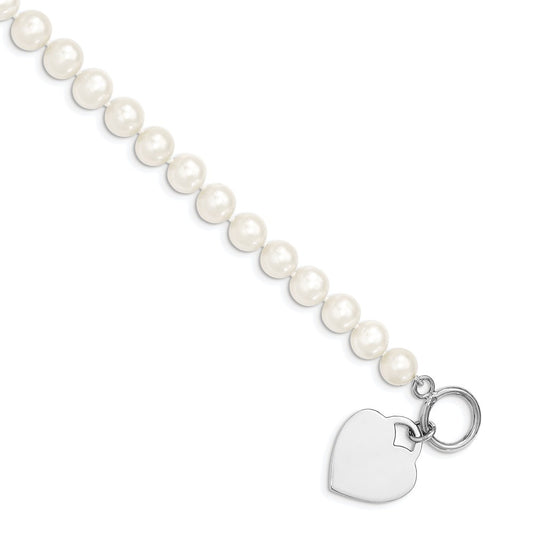 Sterling Silver Rhodium-plated 8-9mm White Near-Round Freshwater Cultured Pearl Heart Toggle 7.5 inch Bracelet 7.5 inches