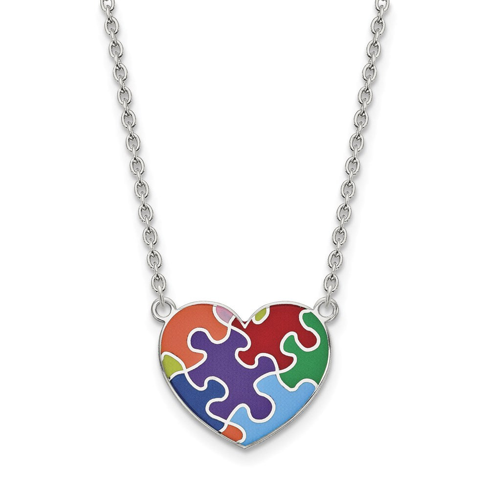 Sterling Silver Rhod-plated Enameled Autism Heart Necklace 18 Inches