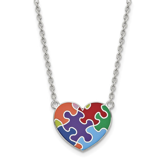 Sterling Silver Rhod-plated Enameled Autism Heart Necklace 18 Inches