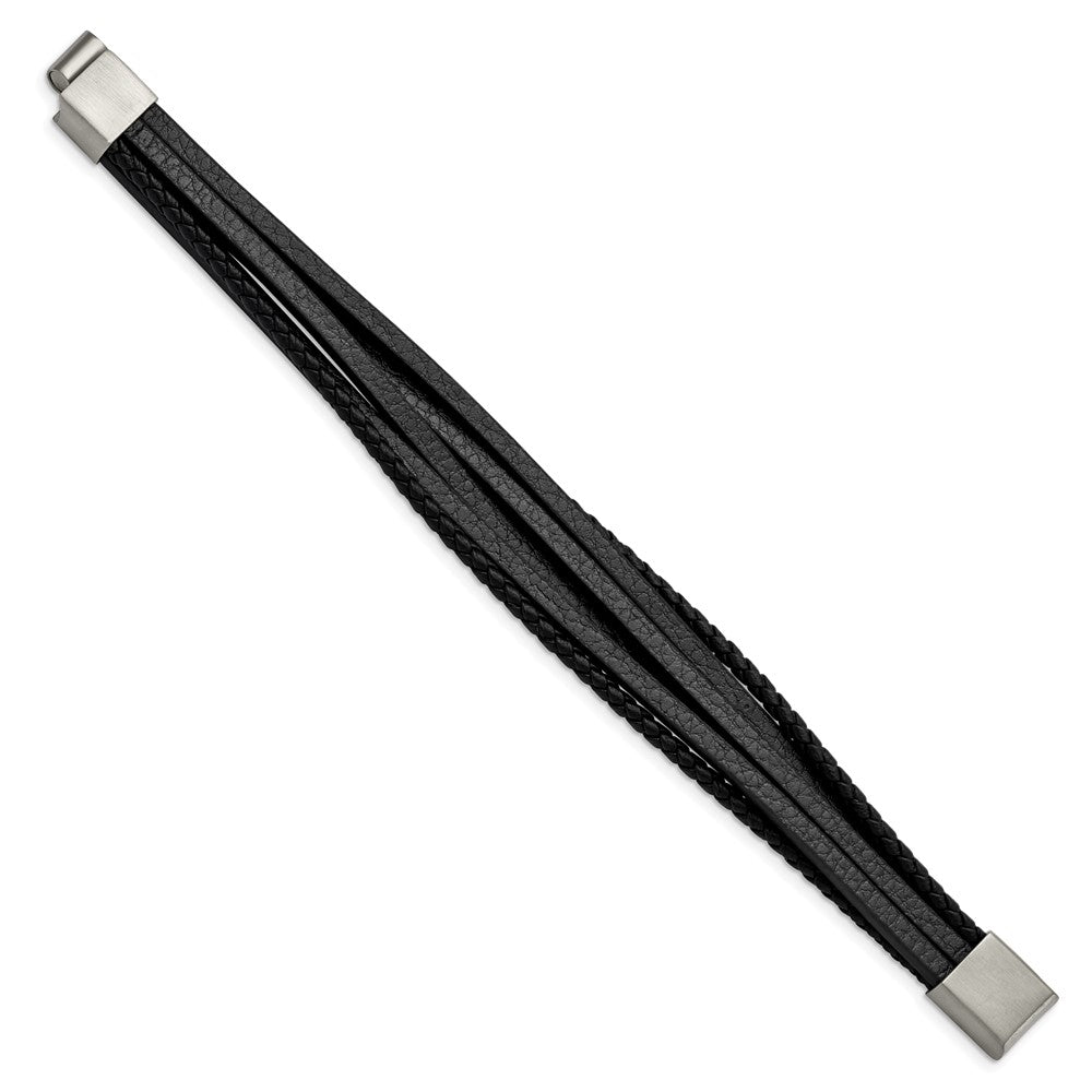 Stainless Steel Brushed Black Leather Multi Strand 8in Bracelet 8 inches