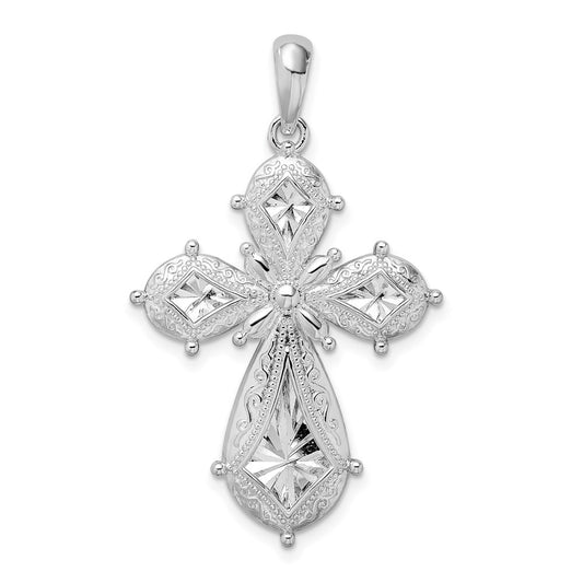 De-Ani Sterling Silver Rhodium-Plated Scroll Diamond-Cut Rounded Cross Pendant