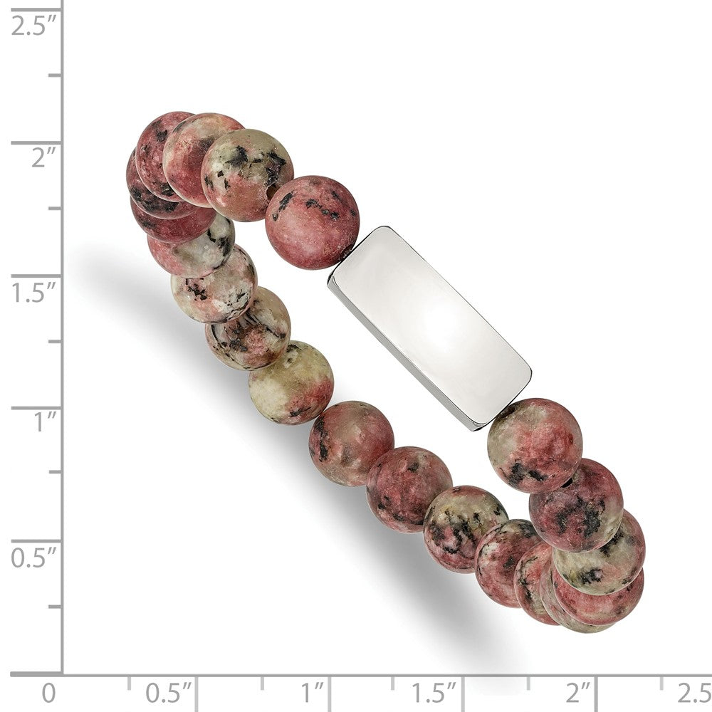 Stainless Steel Polished ID Plate Rhodochrosite Bead Stretch Bracelet