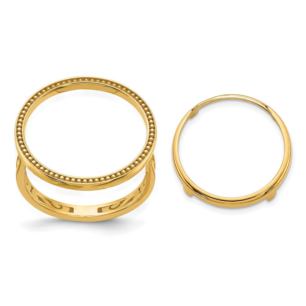 Wideband Distinguished Coin Jewelry 14k Ladies' Polished Filigree Sides and Beaded Top 16.5mm Coin Bezel Ring