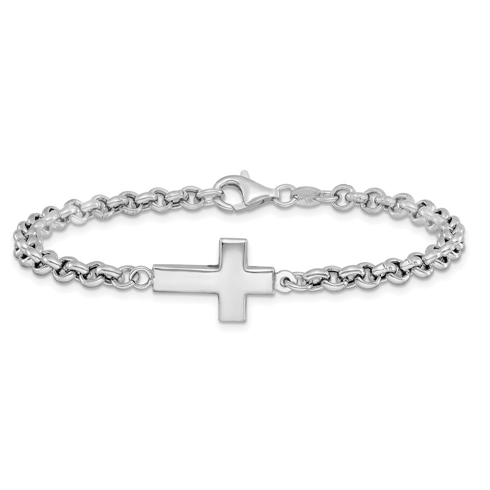 Sterling Silver Rhodium-plated Cross Rolo Bracelet