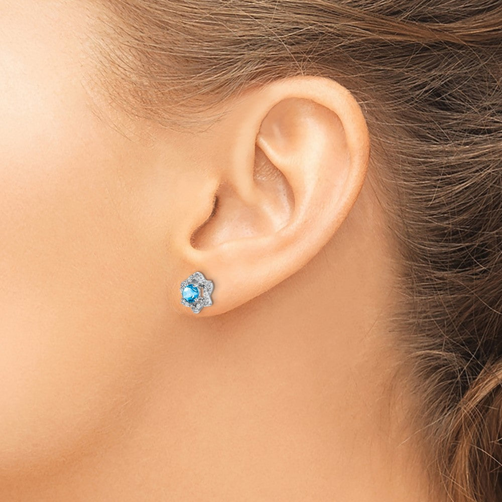 14k White Gold Blue Topaz and Diamond Post Earrings