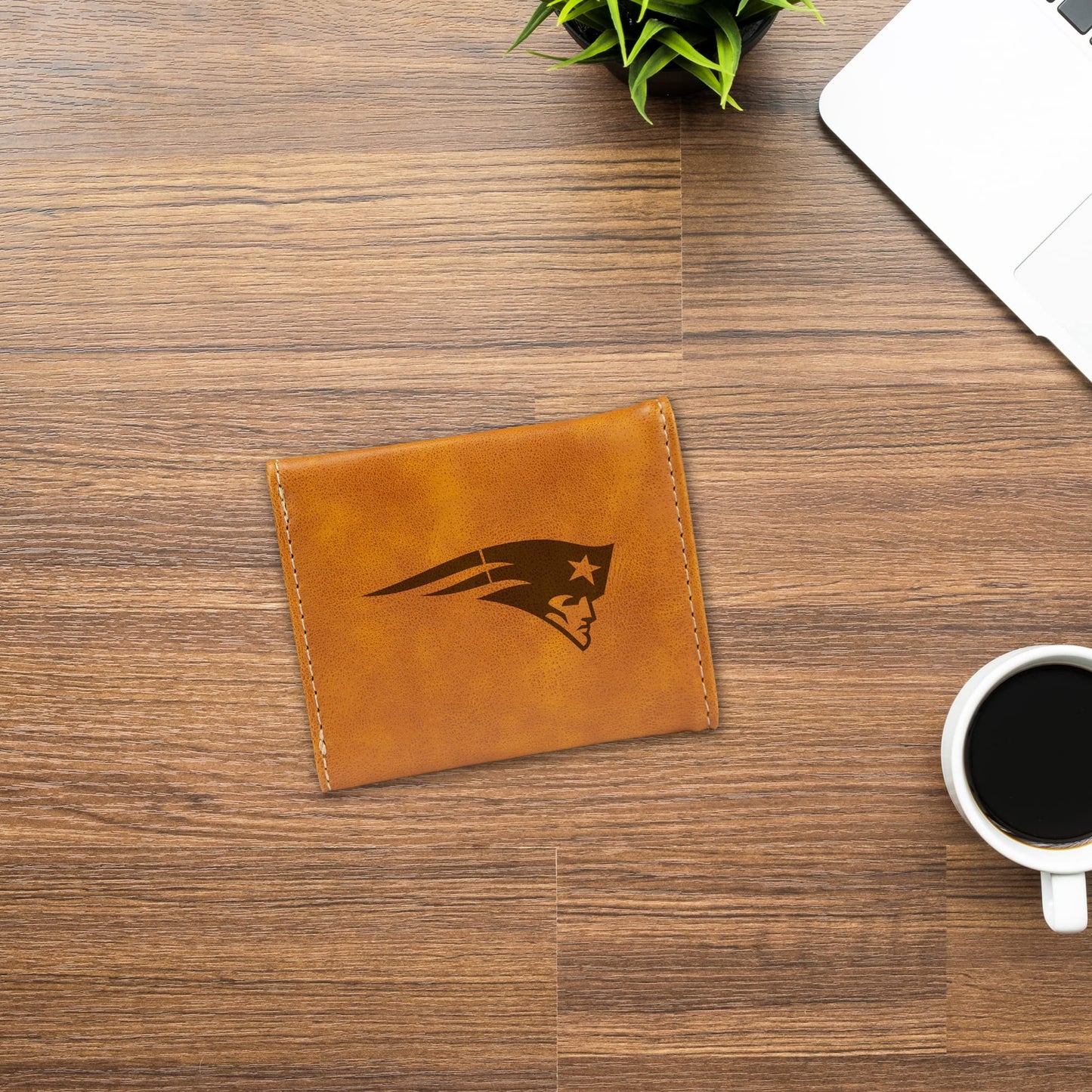 New England Patriots Brown Laser Engraved Tri-Fold Wallet - Men's Accessory