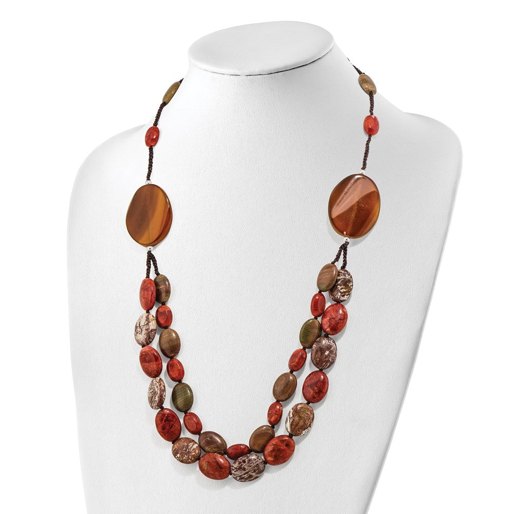Sterling Silver Carnelian/Reconstituted Coral/Red Zebra Jasper Necklace 26 Inches