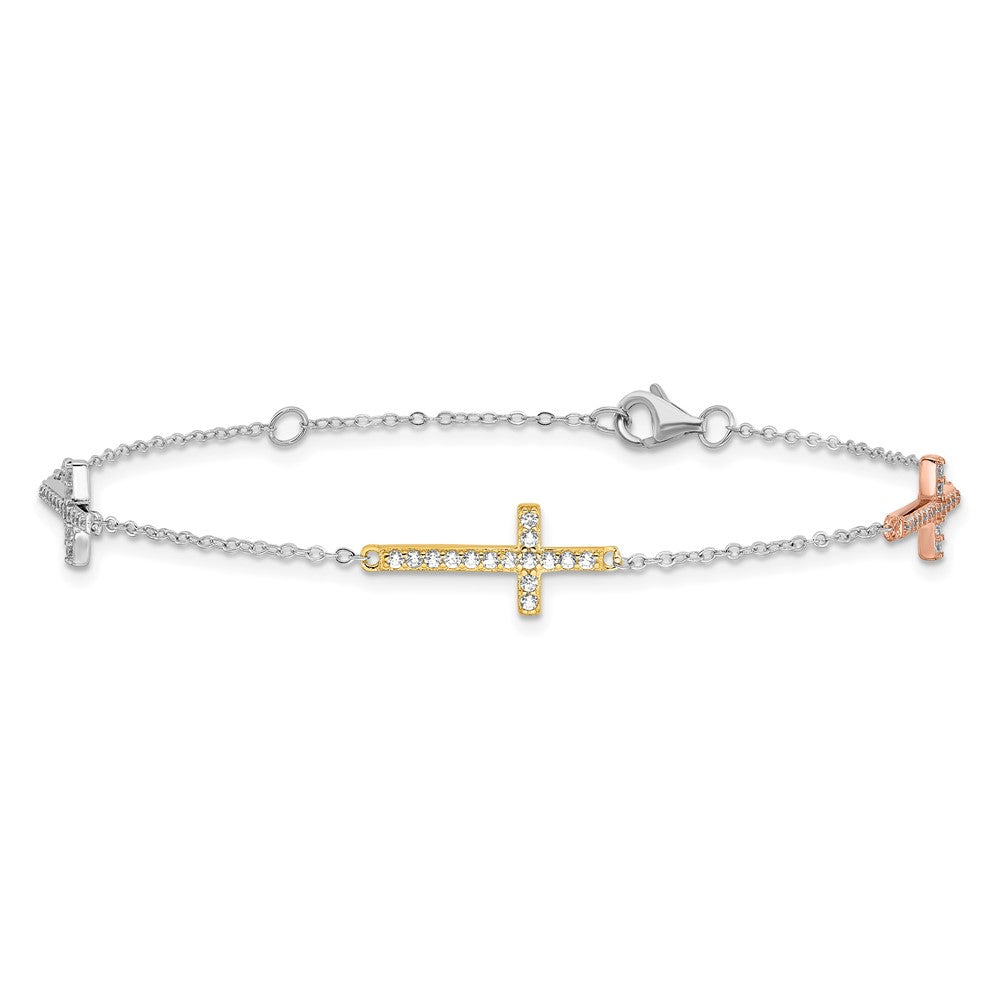 Sterling Silver Rhod-plated Gold/Rose-tone CZ Cross w/1in ext. Bracelet