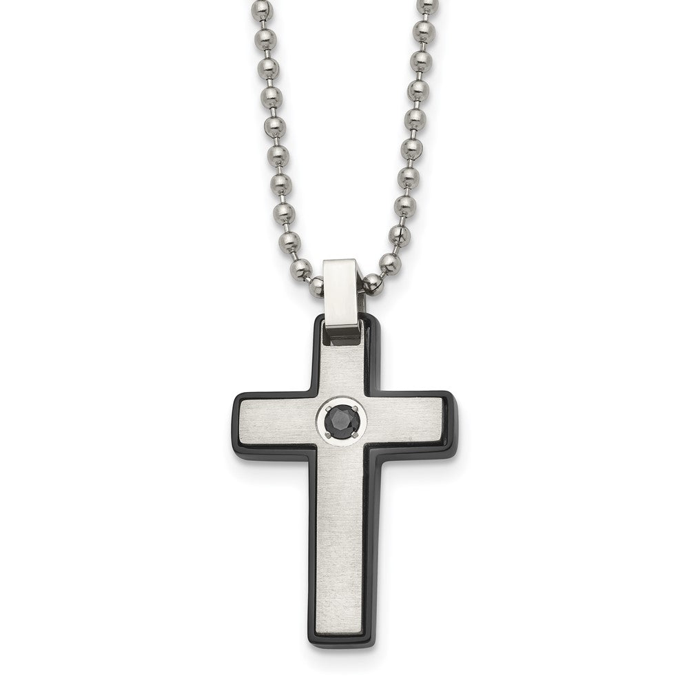 Stainless Steel Brushed and Polished Black IP CZ Black Cross Necklace