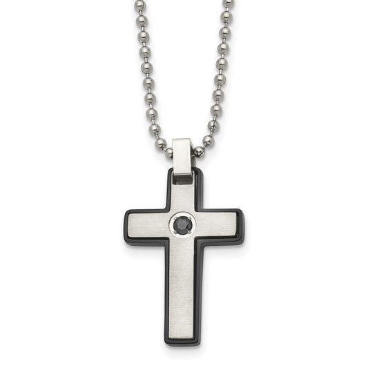 Stainless Steel Brushed and Polished Black IP CZ Black Cross Necklace