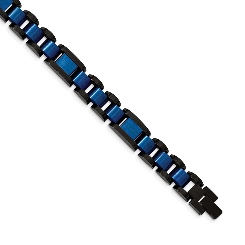 Stainless Steel Brushed & Polished Black & Blue IP-plated 8.75in Bracelet 8.75 inches