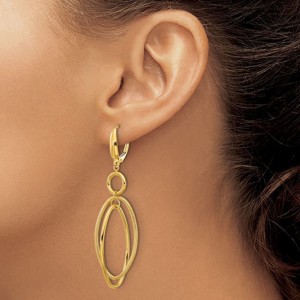 14k Polished and Textured Oval Dangle Leverback Earrings