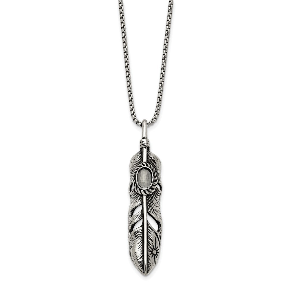 Stainless Steel Antiqued & Polished w/White Cat's Eye Feather 24in Necklace