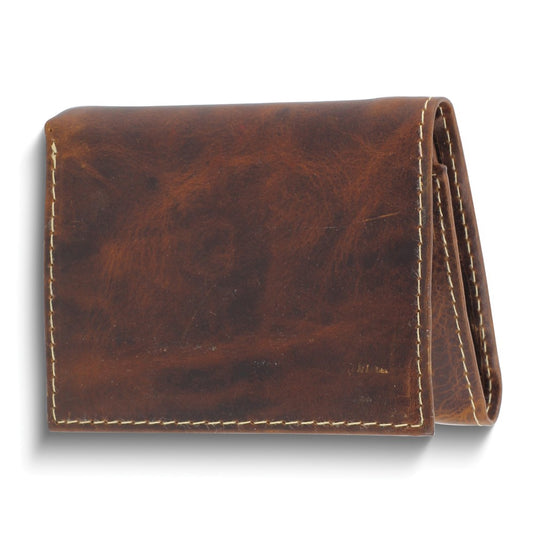 Brown Oiled Leather RFID Blocking Slim 6-Slot Trifold Wallet with ID Window