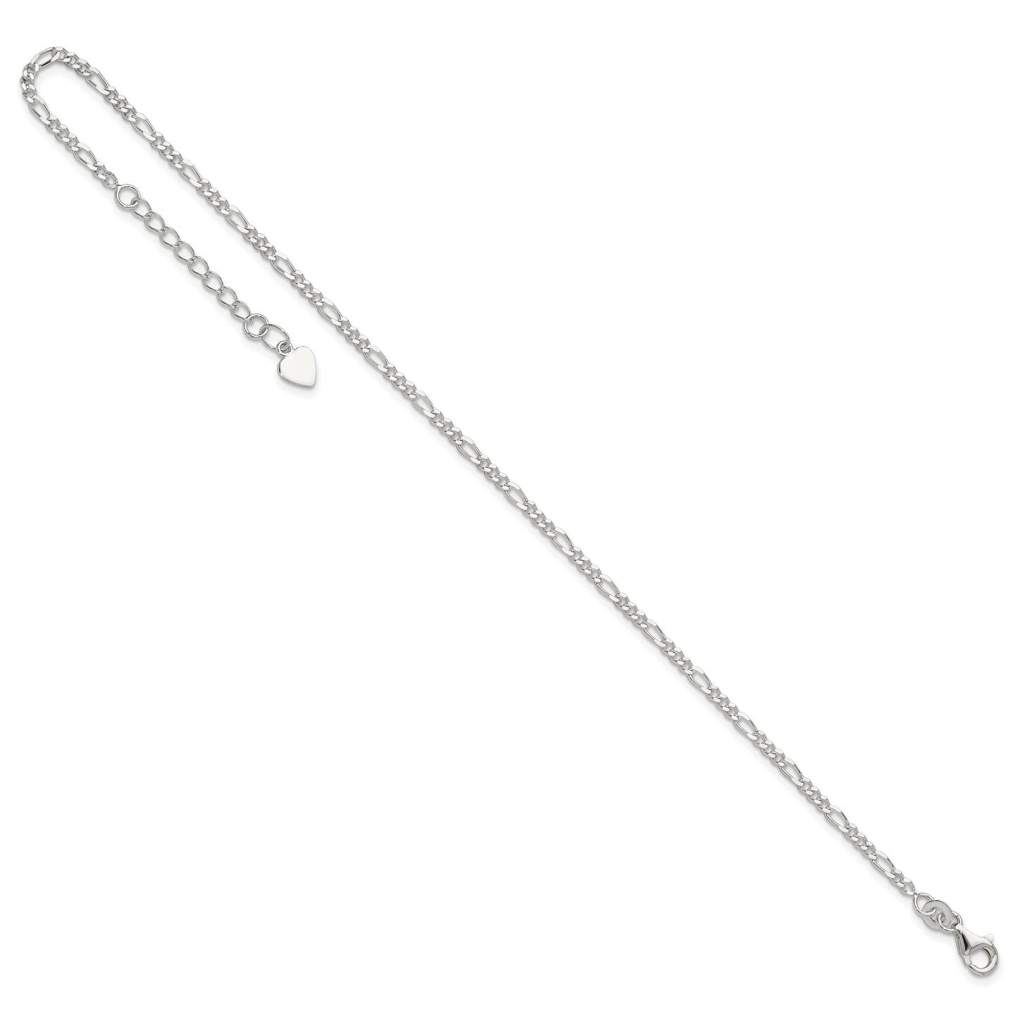 Sterling Silver D/C  Polished Figaro 9in Plus 1in ext. Anklet