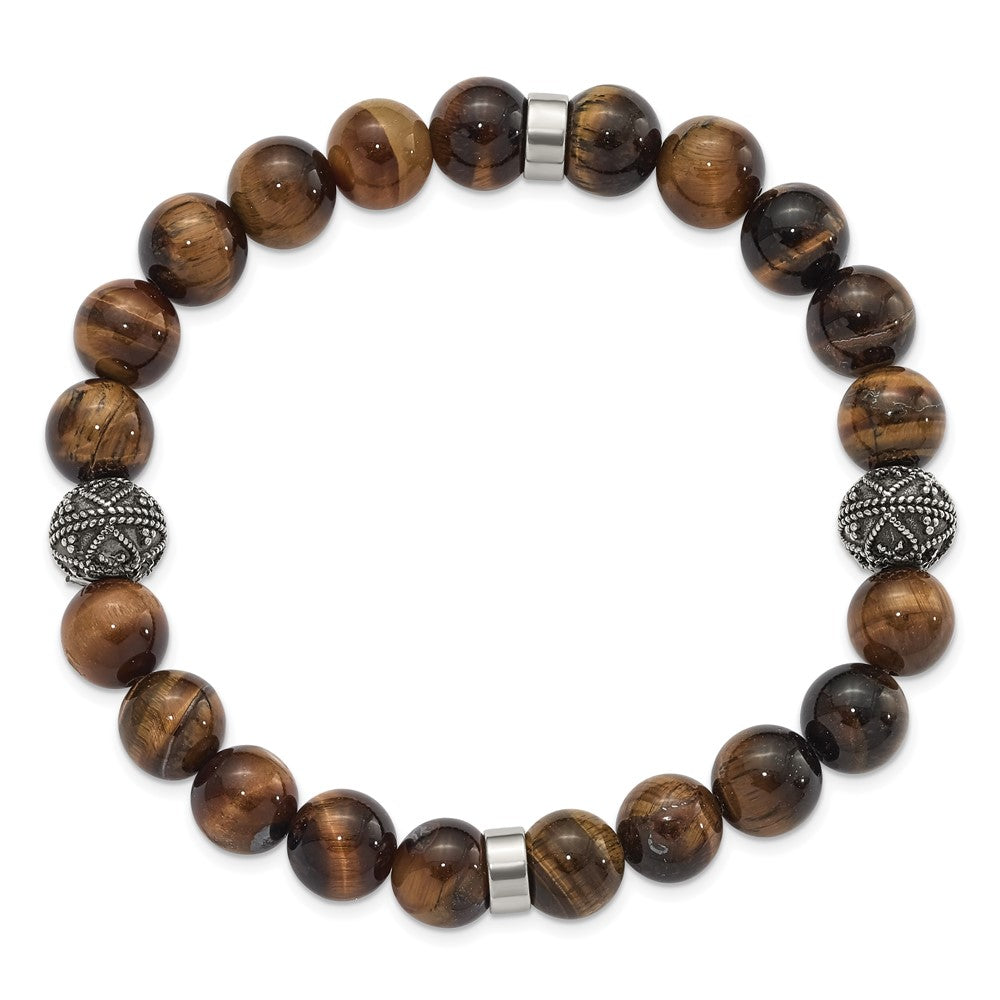 Stainless Steel Antiqued and Polished Tiger's Eye Stretch Bracelet 8 inches