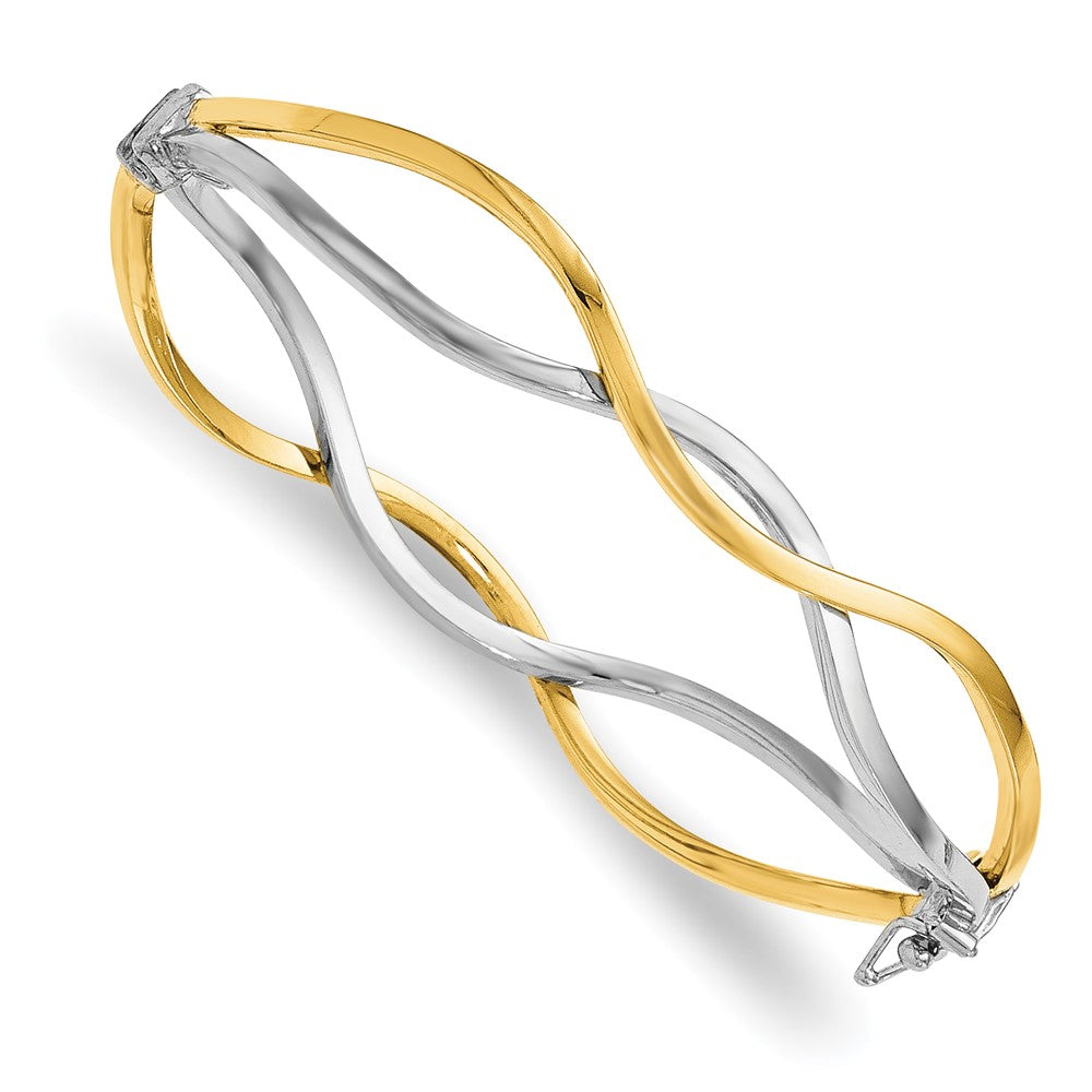 10K w/ White Rhodium Polished Twisted Bangle Bracelet 7  inches