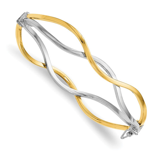 10K w/ White Rhodium Polished Twisted Bangle Bracelet 7  inches